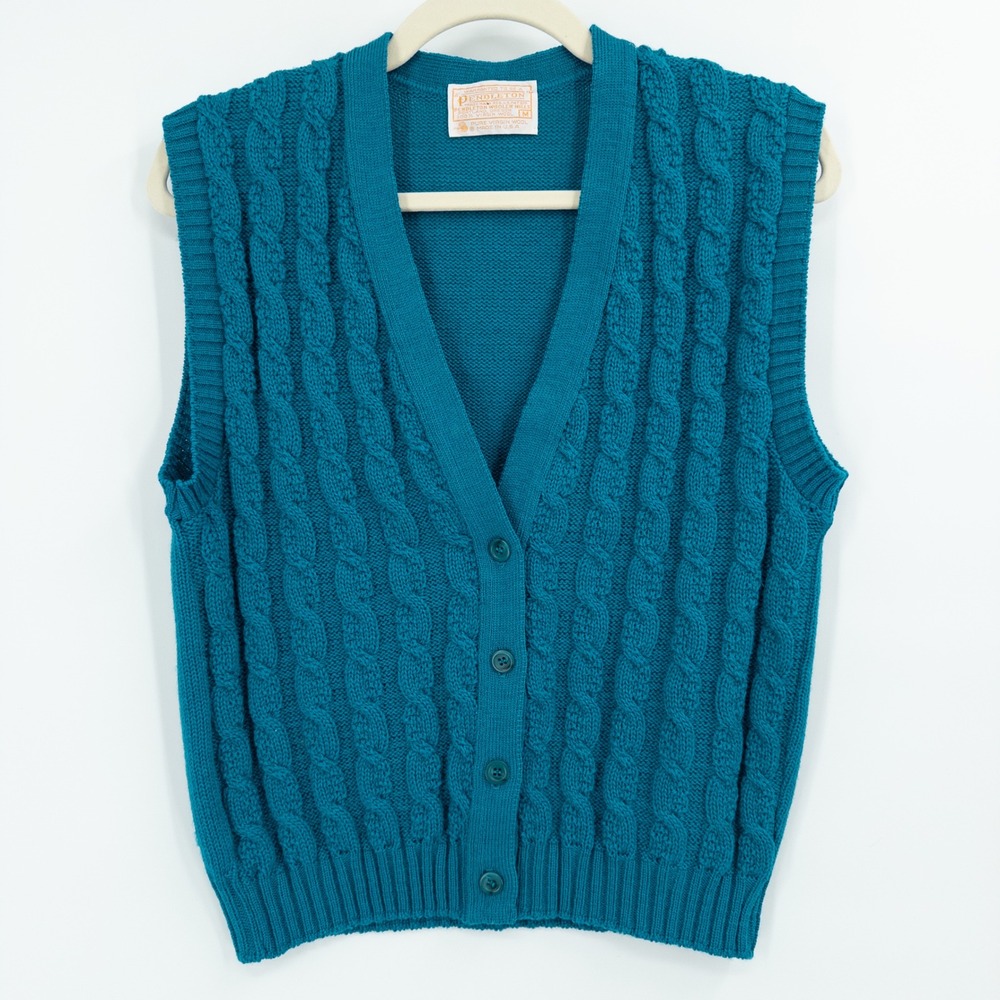Vintage Pendleton Wool Cable Knit Sweater Vest Mens M Teal Blue USA 70s Heritage